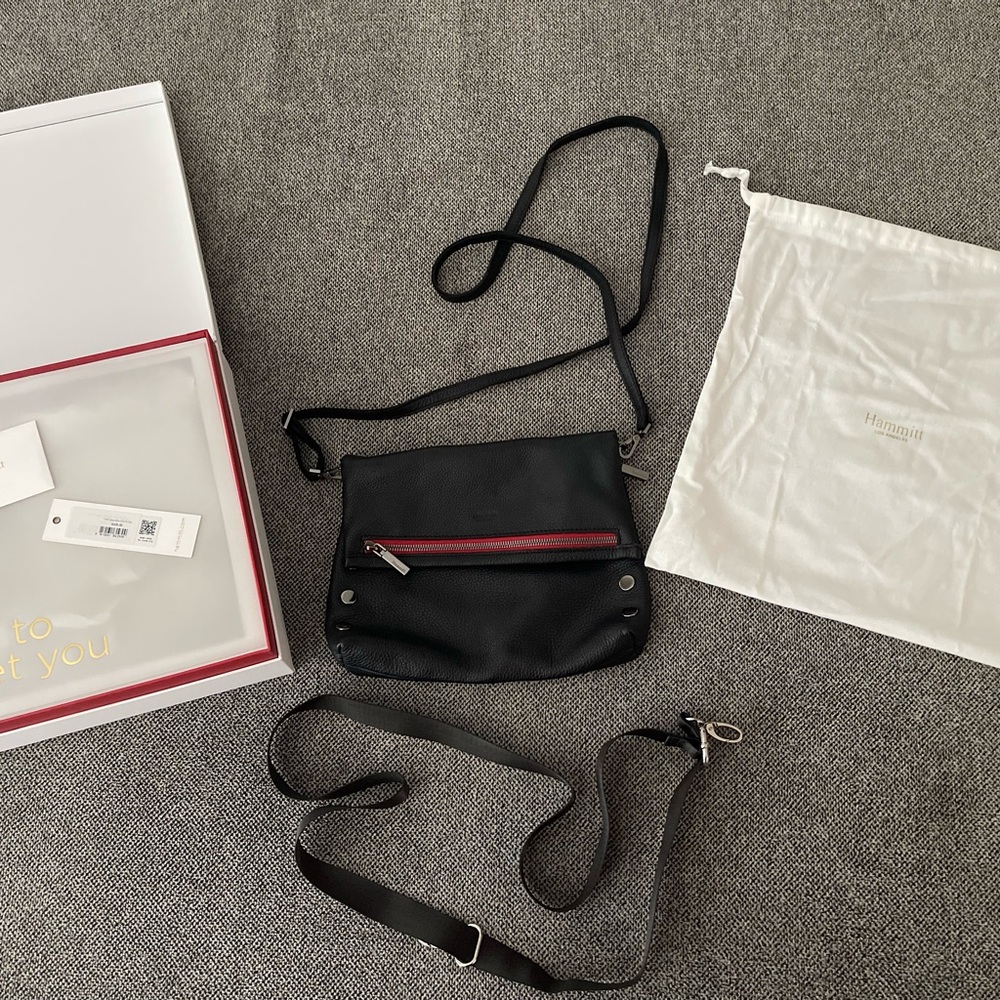 Hammitt VIP black medium crossbody gunmetal accents, leather strap & nylon strap